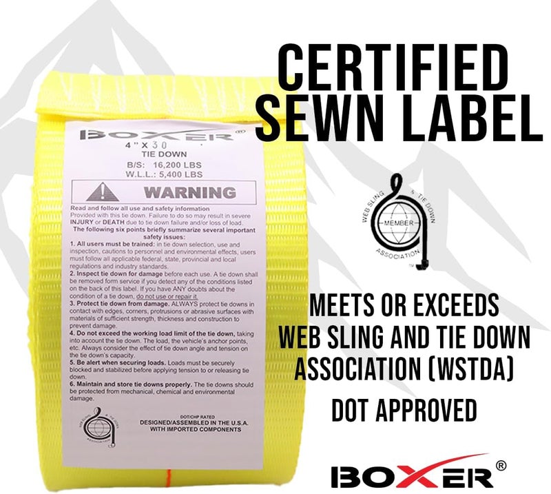 BoxerTool (2 Pack) 4" x 30' Heavy Duty Tie Down w/Twin J Hooks - DOT Compliant - Cargo Control for Flatbed Trucks, Utility Trailer - Image 5
